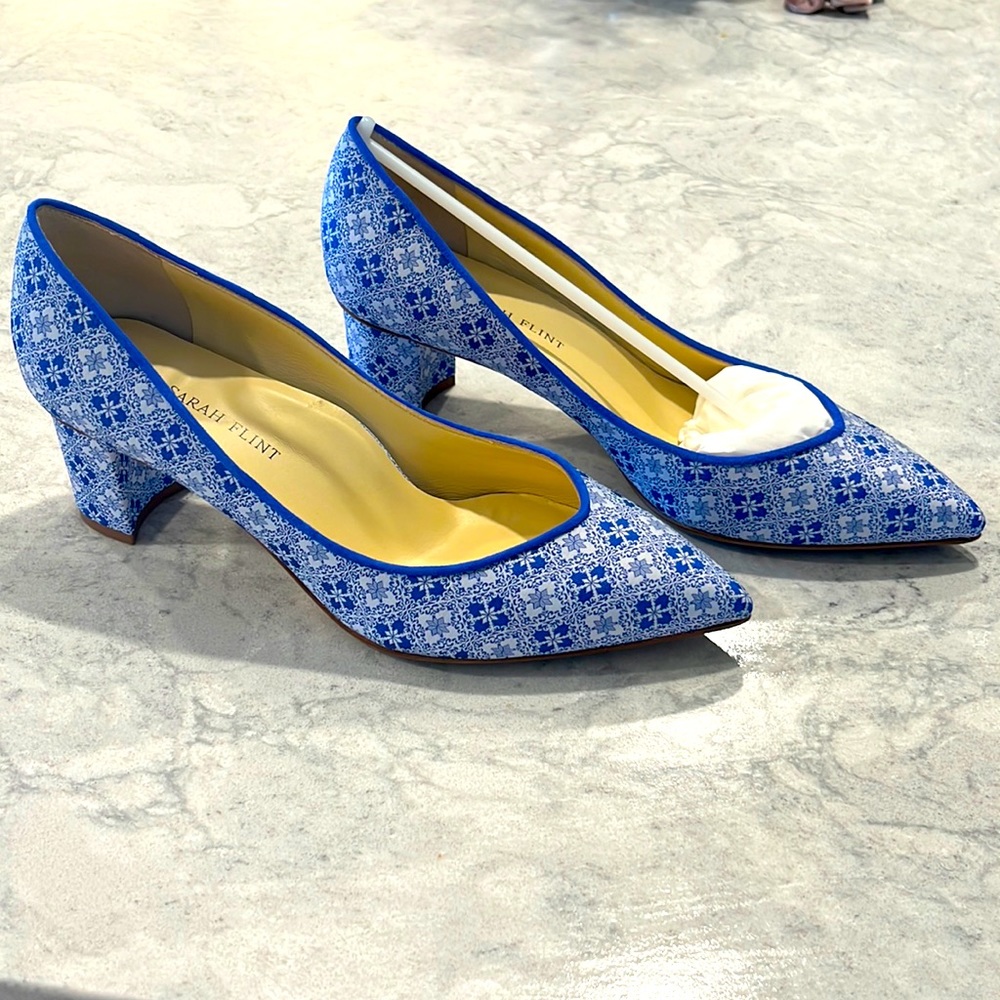 Sarah Flint Blue Patterned Pointed Toe Kitten Heels